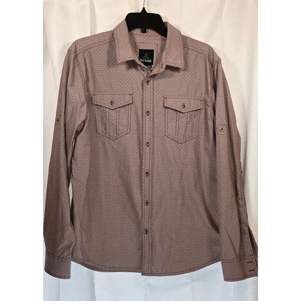 Prana Mens Long Sleeve Button Down Shirt Mauve Geometric Print Roll Tab‎ Medium